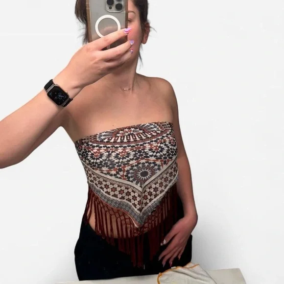 FINAL CHANCE Southwest Geometric Fringe Bandana Top Festival Coastal Cowgirl - Picture 2 of 3